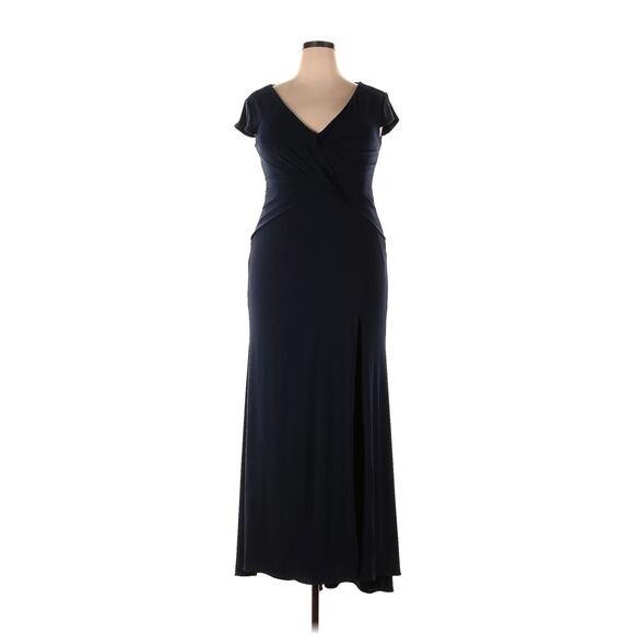 Mac Duggal Ieena Gown Dress Maxi Navy Blue Slit V Neck Sleeves Ruched Stretch - Picture 3 of 11